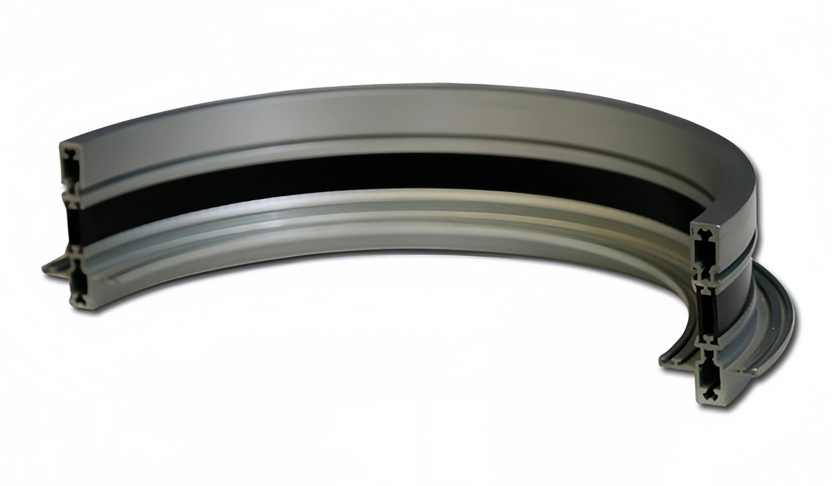 A flawless silver curved aluminum extrusion close up