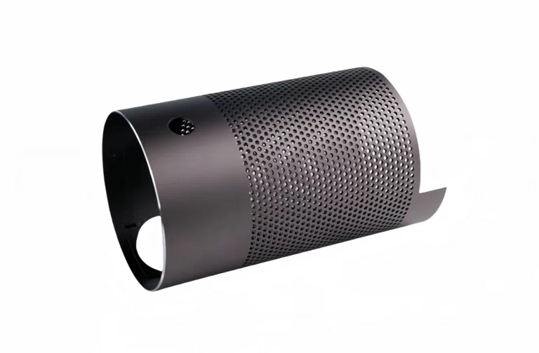 A sleek aluminum speaker enclosure on display