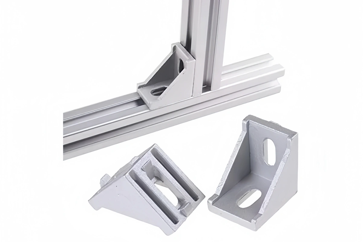 A die cast aluminum extrusion corner on a T slot profile